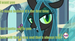 Size: 764x422 | Tagged: safe, edit, edited screencap, screencap, character:queen chrysalis, species:changeling, episode:a canterlot wedding, g4, my little pony: friendship is magic, changeling queen, female, hub logo, image macro, panty and stocking with garterbelt, solo, song