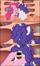 Size: 437x717 | Tagged: safe, edit, edited screencap, screencap, character:pinkie pie, character:rarity, species:earth pony, species:pony, species:unicorn, episode:bridle gossip, g4, my little pony: friendship is magic, comic, crossover, female, golden oaks library, hairity, hub logo, mare, messy mane, niblet, poison joke, pound puppies, screencap comic, secret butt fun