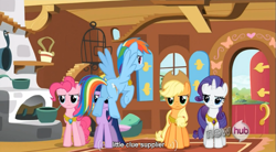 Size: 767x422 | Tagged: safe, edit, edited screencap, screencap, character:applejack, character:pinkie pie, character:rainbow dash, character:rarity, character:twilight sparkle, species:earth pony, species:pegasus, species:pony, species:unicorn, episode:keep calm and flutter on, g4, my little pony: friendship is magic, butt, caption, female, hub logo, mare, necklace, plot, youtube caption