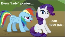 Size: 632x364 | Tagged: safe, edit, edited screencap, screencap, character:rainbow dash, character:rarity, species:pegasus, species:pony, species:unicorn, duo, duo female, female, image macro, implied farting, mare, text, tongue out