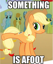 Size: 529x636 | Tagged: safe, edit, edited screencap, screencap, character:applejack, character:carrot top, character:golden harvest, character:lemon hearts, character:linky, character:pokey pierce, character:shoeshine, species:earth pony, species:pony, species:unicorn, episode:fall weather friends, g4, my little pony: friendship is magic, applejack's hat, background pony, clothing, cowboy hat, female, hat, image macro, impact font, kicks mcgee, mare, pun