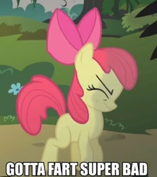 Size: 600x676 | Tagged: safe, edit, edited screencap, screencap, character:apple bloom, species:earth pony, species:pony, caption, eyes closed, female, filly, image macro, need to fart, solo, text