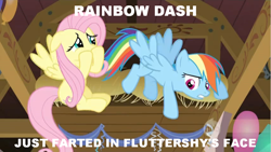 Size: 1024x576 | Tagged: safe, edit, edited screencap, screencap, character:fluttershy, character:rainbow dash, species:pegasus, species:pony, balloon, barn, caption, duo, duo female, face fart, female, flying, image macro, implied farting, mare