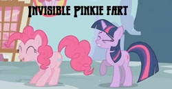 Size: 1080x561 | Tagged: safe, edit, edited screencap, screencap, character:pinkie pie, character:twilight sparkle, species:earth pony, species:pony, species:unicorn, caption, duo, duo female, eyes closed, fart, female, mare