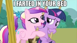 Size: 960x540 | Tagged: safe, edit, edited screencap, screencap, character:princess cadance, character:twilight sparkle, species:alicorn, species:pony, species:unicorn, episode:a canterlot wedding, g4, my little pony: friendship is magic, caption, duo, duo female, female, filly, filly twilight sparkle, image macro, implied farting, mare, meme, swing, teen princess cadance, younger