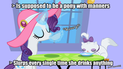 Size: 1280x720 | Tagged: safe, edit, edited screencap, screencap, character:opalescence, character:rarity, episode:sweet and elite, g4, my little pony: friendship is magic, canterlot, caption, clothing, drinking, duo, greentext, hat, magic, meta, milk, table, text, uncouth, window