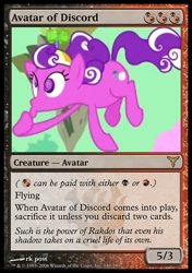 Size: 480x680 | Tagged: safe, edit, edited screencap, screencap, character:screwball, species:earth pony, species:pony, episode:the return of harmony, g4, my little pony: friendship is magic, avatar of discord, card, female, floating, green sky, magic the gathering, mare, solo, trading card edit