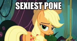 Size: 623x332 | Tagged: safe, edit, edited screencap, screencap, character:applejack, species:earth pony, species:pony, episode:spike at your service, g4, my little pony: friendship is magic, bedroom eyes, caption, female, image macro, mare, meme, plot, sexiest pony alive