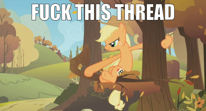 Size: 703x378 | Tagged: safe, edit, edited screencap, screencap, character:applejack, episode:fall weather friends, g4, my little pony: friendship is magic, animated, female, flying, image macro, reaction image, solo, thread, tree, vulgar