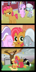Size: 650x1300 | Tagged: safe, edit, edited screencap, screencap, character:apple bloom, character:applejack, character:babs seed, character:diamond tiara, character:granny smith, character:silver spoon, episode:one bad apple, g4, my little pony: friendship is magic, comic, crying, gravestone, how babs died, implied death, meme