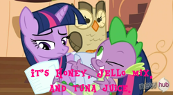 Size: 1230x674 | Tagged: safe, edit, edited screencap, screencap, character:spike, species:bird, species:dragon, species:owl, species:pony, species:unicorn, episode:just for sidekicks, g4, my little pony: friendship is magic, artificial mare juice, female, male, mare, why