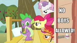 Size: 960x540 | Tagged: safe, edit, edited screencap, screencap, character:apple bloom, character:scootaloo, character:spike, character:sweetie belle, species:dragon, species:pegasus, species:pony, episode:just for sidekicks, g4, my little pony: friendship is magic, captioned, female, filly, foal, hub logo, image macro, male, roflbot