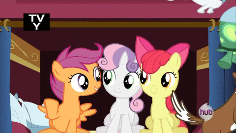 Size: 480x270 | Tagged: safe, edit, edited screencap, screencap, character:apple bloom, character:opalescence, character:scootaloo, character:sweetie belle, character:tank, character:winona, species:earth pony, species:pegasus, species:pony, species:unicorn, episode:just for sidekicks, g4, my little pony: friendship is magic, adorabloom, animated, apple bloom's bow, bow, caption, cute, cutealoo, dialogue, diasweetes, female, filly, foal, hair bow, hub logo, hubble, meme, pillow, reaction image, sitting, smiling, trio focus, tv rating, tv-y