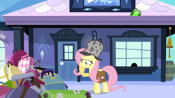 Size: 1280x720 | Tagged: safe, edit, edited screencap, screencap, character:fluttershy, episode:just for sidekicks, g4, my little pony: friendship is magic, clothing, crystal empire, deerstalker, detective, female, gem, hat, luggage, solo, suspicious, train station