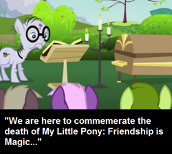 Size: 570x511 | Tagged: safe, edit, edited screencap, screencap, character:coco crusoe, character:mr. waddle, character:oakey doke, species:pony, episode:hearts and hooves day, g4, my little pony: friendship is magic, alicorn drama, alicorngate, background pony strikes again, cropped, funeral, harsher in hindsight, text, twilicorngate, welch
