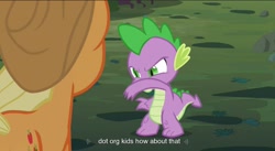 Size: 1599x877 | Tagged: safe, edit, edited screencap, screencap, character:applejack, character:spike, species:dragon, species:earth pony, species:pony, episode:spike at your service, g4, my little pony: friendship is magic, caption, female, male, mare, youtube caption