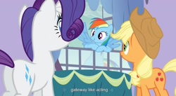 Size: 1598x873 | Tagged: safe, edit, edited screencap, screencap, character:applejack, character:rainbow dash, character:rarity, species:earth pony, species:pegasus, species:pony, species:unicorn, episode:spike at your service, g4, my little pony: friendship is magic, butt, caption, female, mare, plot, scrunchy face, youtube caption