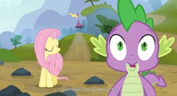 Size: 1599x871 | Tagged: safe, edit, edited screencap, screencap, character:fluttershy, character:spike, species:dragon, species:pony, episode:spike at your service, g4, my little pony: friendship is magic, caption, female, male, mare, youtube caption