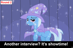 Size: 1024x670 | Tagged: safe, edit, edited screencap, screencap, character:trixie, species:pony, species:unicorn, comic:celestia's servant interview, episode:boast busters, g4, my little pony: friendship is magic, cape, caption, clothing, female, grin, hat, interview, looking at you, mare, meta, raised hoof, smiling, solo, sparkles, stage, trixie's cape, trixie's hat