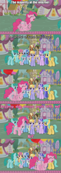 Size: 500x1401 | Tagged: safe, edit, edited screencap, screencap, character:aura, character:cloud kicker, character:dinky hooves, character:dizzy twister, character:doctor whooves, character:liza doolots, character:meadow song, character:minuette, character:orange swirl, character:petunia, character:pinkie pie, character:sassaflash, character:sea swirl, character:spring melody, character:sprinkle medley, character:sunshower raindrops, character:time turner, character:tootsie flute, episode:it's about time, g4, my little pony: friendship is magic, alicorn drama, comic, dialogue, image macro, meme