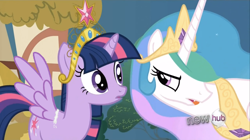 Size: 1200x674 | Tagged: safe, edit, screencap, character:princess celestia, character:twilight sparkle, character:twilight sparkle (alicorn), species:alicorn, species:pony, episode:keep calm and flutter on, g4, my little pony: friendship is magic, alicorn drama, alicorn edit, big crown thingy, female, glue, hub logo, mare
