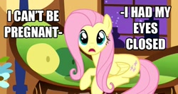 Size: 637x338 | Tagged: safe, edit, edited screencap, screencap, character:fluttershy, species:pegasus, species:pony, episode:stare master, g4, my little pony: friendship is magic, couch, female, looking at you, mare, night, pregnant, solo, text