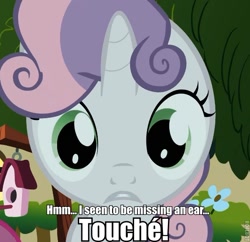 Size: 591x571 | Tagged: safe, edit, edited screencap, screencap, character:sweetie belle, episode:stare master, g4, my little pony: friendship is magic, animation error, cropped, female, image macro, missing ear, solo, the simpsons