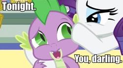 Size: 763x425 | Tagged: safe, edit, edited screencap, screencap, character:rarity, character:spike, ship:sparity, episode:the crystal empire, g4, my little pony: friendship is magic, aqua teen hunger force, bedroom eyes, caption, darling, female, image macro, male, shipping, straight, tonight you