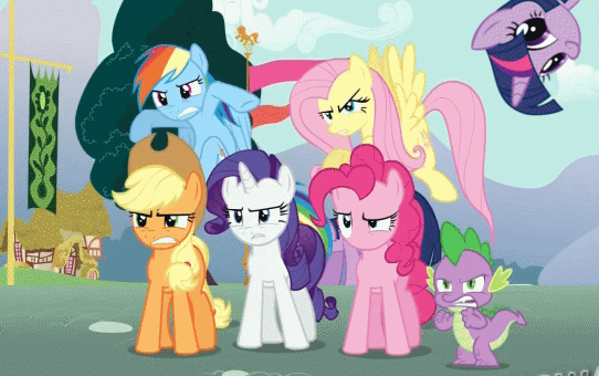 Size: 542x340 | Tagged: safe, edit, edited screencap, screencap, character:applejack, character:fluttershy, character:pinkie pie, character:rainbow dash, character:rarity, character:spike, character:twilight sparkle, episode:magic duel, g4, my little pony: friendship is magic, animated, caption, faec, image macro, mane seven, mane six, no mouth, twiface, wrong neighborhood