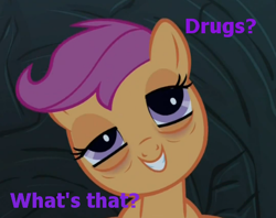 Size: 430x340 | Tagged: safe, edit, edited screencap, screencap, character:scootaloo, species:pegasus, species:pony, caption, drugs, female, out of context, solo