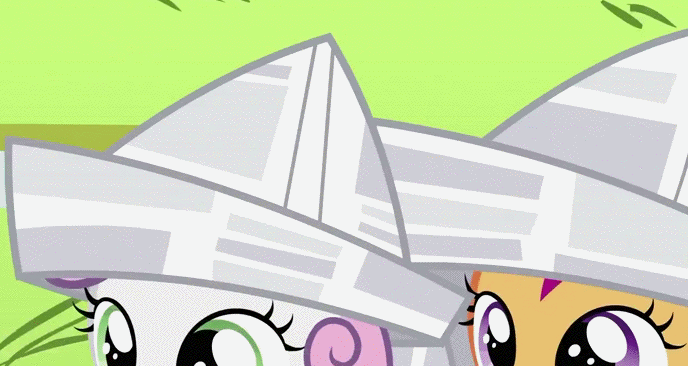 Size: 688x366 | Tagged: safe, edit, edited screencap, screencap, character:pinkie pie, character:scootaloo, character:sweetie belle, species:earth pony, species:pegasus, species:pony, episode:ponyville confidential, g4, my little pony: friendship is magic, animated, boat, butt, clothing, female, filly, hat, mare, paper hat, papercraft, plot, river, sinking, water