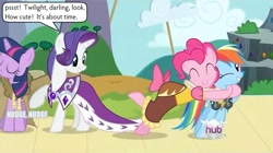 Size: 1244x697 | Tagged: safe, edit, edited screencap, screencap, character:pinkie pie, character:rainbow dash, character:rarity, character:twilight sparkle, ship:pinkiedash, episode:hearth's warming eve, g4, my little pony: friendship is magic, hug, image macro, meme, shipper on deck, shipping