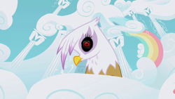Size: 1280x720 | Tagged: safe, edit, edited screencap, screencap, character:gilda, species:griffon, episode:griffon the brush-off, g4, my little pony: friendship is magic, cyborg, droid, eye, female, looking at you, solo, wat