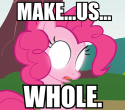 Size: 600x531 | Tagged: safe, edit, edited screencap, screencap, character:pinkie pie, species:earth pony, species:pony, caption, cropped, dead space, female, glowing eyes, image macro, mare, meme, reaction image, solo