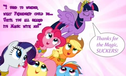 Size: 818x495 | Tagged: safe, edit, edited screencap, screencap, character:applejack, character:fluttershy, character:pinkie pie, character:rainbow dash, character:rarity, character:twilight sparkle, character:twilight sparkle (alicorn), species:alicorn, species:pony, episode:magical mystery cure, episode:the return of harmony, g4, my little pony: friendship is magic, alicorn drama, elements of harmony, mane six, twilicorn spotlight drama