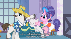 Size: 850x473 | Tagged: safe, edit, edited screencap, screencap, character:cookie crumbles, character:hondo flanks, character:sweetie belle, species:pony, species:unicorn, ship:cookieflanks, episode:sisterhooves social, g4, my little pony: friendship is magic, caption, clothing, eyes closed, female, filly, head pat, male, mare, rarity's parents, shipping, stallion, youtube caption