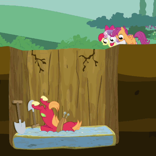 Size: 512x512 | Tagged: safe, edit, edited screencap, screencap, character:apple bloom, character:big mcintosh, character:scootaloo, character:sweetie belle, species:earth pony, species:pegasus, species:pony, species:unicorn, episode:hearts and hooves day, g4, my little pony: friendship is magic, animated, cinemagraph, cutie mark crusaders, faceplant, female, filly, hole, loop, male, mattress, pit, plot, shovel, stallion, twitch