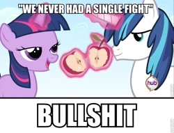 Size: 640x488 | Tagged: safe, edit, edited screencap, screencap, character:shining armor, character:twilight sparkle, episode:a canterlot wedding, g4, my little pony: friendship is magic, apple, brother and sister, duo, female, filly, filly twilight sparkle, food, hub logo, image macro, male, roflbot, siblings, song reference, teen shining armor, teenager, text, vulgar, younger