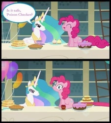 Size: 652x720 | Tagged: safe, edit, edited screencap, screencap, character:pinkie pie, character:princess celestia, species:alicorn, species:earth pony, species:pony, episode:a bird in the hoof, g4, my little pony: friendship is magic, balloon, cake, comic, duo, duo female, eating, female, mare, pie, poison, screencap comic