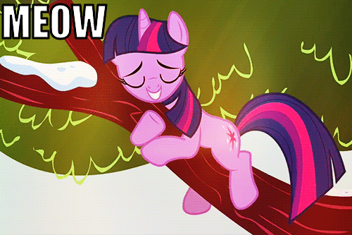 Size: 500x333 | Tagged: safe, edit, edited screencap, screencap, character:twilight sparkle, animated, behaving like a cat, caption, cat, meow, out of context, tree, twilight cat