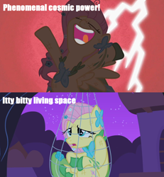 Size: 1266x1372 | Tagged: safe, edit, edited screencap, screencap, character:fluttershy, episode:the best night ever, g4, my little pony: friendship is magic, aladdin, bipedal, dramatic lighting, female, genie, image macro, lightning, movie quote, net, outstretched arms, quote, scratches, solo, spread wings, wings