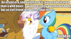 Size: 634x352 | Tagged: safe, edit, edited screencap, screencap, character:gilda, character:rainbow dash, species:griffon, episode:griffon the brush-off, g4, my little pony: friendship is magic, buddha, buddhism, image macro, misspelling, quote