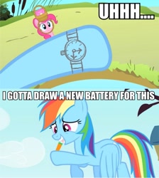 Size: 645x720 | Tagged: safe, edit, edited screencap, screencap, character:pinkie pie, character:rainbow dash, episode:party of one, g4, my little pony: friendship is magic, bad poker face, caption, image macro, patty hype, pencil, spongebob squarepants, watch