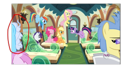 Size: 1105x604 | Tagged: safe, edit, edited screencap, screencap, character:applejack, character:fluttershy, character:pinkie pie, character:piña colada, character:rainbow dash, character:rarity, character:screw loose, character:twilight sparkle, species:earth pony, species:pegasus, species:pony, species:unicorn, episode:games ponies play, g4, my little pony: friendship is magic, background pony, female, filly, hub logo, male, mane six, mare, red circle, stallion, winter wisp