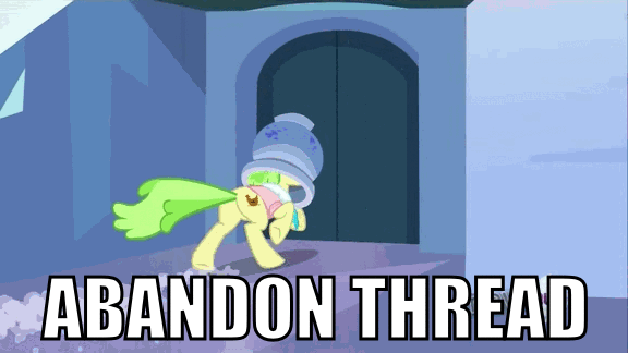 Size: 576x324 | Tagged: safe, edit, edited screencap, screencap, character:chickadee, character:ms. peachbottom, episode:games ponies play, g4, my little pony: friendship is magic, abandon thread, animated, image macro, pot, running, solo, stuck