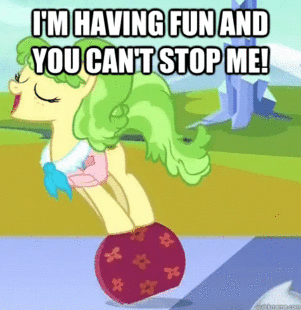 Size: 301x310 | Tagged: safe, edit, edited screencap, screencap, character:chickadee, character:ms. peachbottom, episode:games ponies play, g4, my little pony: friendship is magic, and nopony can stop me, animated, caption, eyes closed, good trick, having fun, open mouth, reaction image, smiling, solo, spinning, suitcase