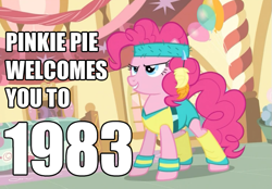 Size: 665x463 | Tagged: safe, edit, edited screencap, screencap, character:pinkie pie, episode:a friend in deed, g4, my little pony: friendship is magic, '83, 1983, 80s, cropped, exercise, female, headband, image macro, leg warmers, solo, workout, workout outfit, wristband