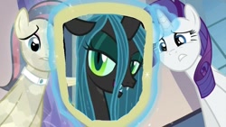 Size: 1066x600 | Tagged: safe, edit, edited screencap, screencap, character:bonna fide, character:queen chrysalis, character:rarity, species:changeling, species:crystal pony, species:pony, cadance's mirror, changeling queen, exploitable meme, female, meme