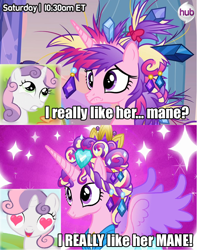 Size: 708x900 | Tagged: safe, edit, edited screencap, screencap, character:princess cadance, character:sweetie belle, episode:games ponies play, episode:lesson zero, g4, my little pony: friendship is magic, bad hair, ceremonial headdress, heart eyes, hub logo, i really like her mane, want it need it