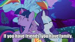 Size: 626x354 | Tagged: safe, edit, edited screencap, screencap, character:rainbow dash, character:rarity, character:spike, character:twilight sparkle, species:pegasus, species:pony, species:unicorn, episode:dragon quest, g4, my little pony: friendship is magic, caption, eyes closed, female, group hug, hug, image macro, male, mare, meme